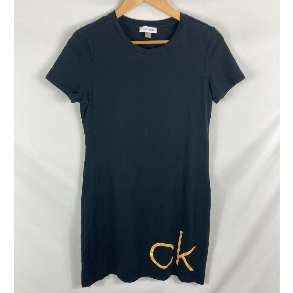 Calvin Klein Black Short-Sleeve Tee Dress with Gold CK Accent